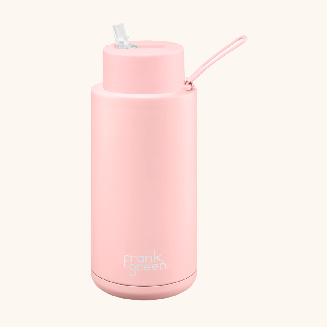 The best water bottle in Australia. Blush Frank Green 1L Ceramic Water Bottle with Straw Pregnant Labour Birth Postpartum Essential - Dear Mama Store Australia. Free shipping available.